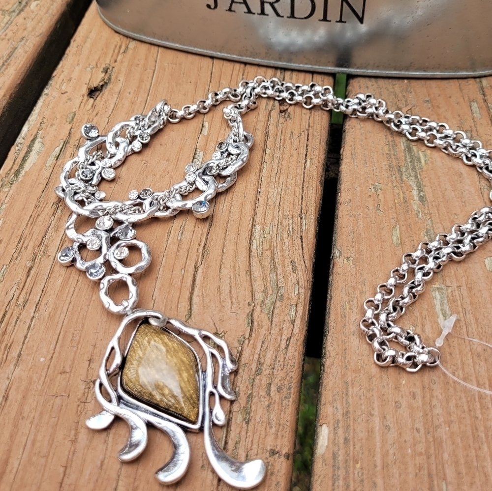 Vintage Bohemian Artisan Catseye Stone & Crystal Silver Statement Necklace - Picture 5 of 14